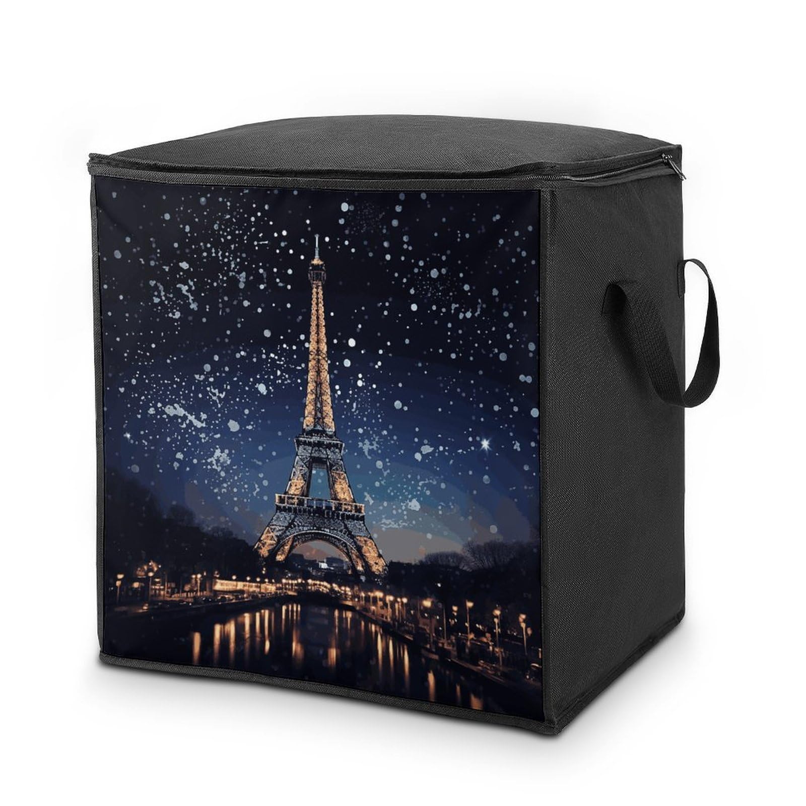 Night Paris Eiffel Tower Storage Bags Comforter Quilt Blanket Clothes with Zipper & Handles Easy to Fit King Size Comforter Set Closet Under Bed Organizer for Dorm Pillows Bedding 70L