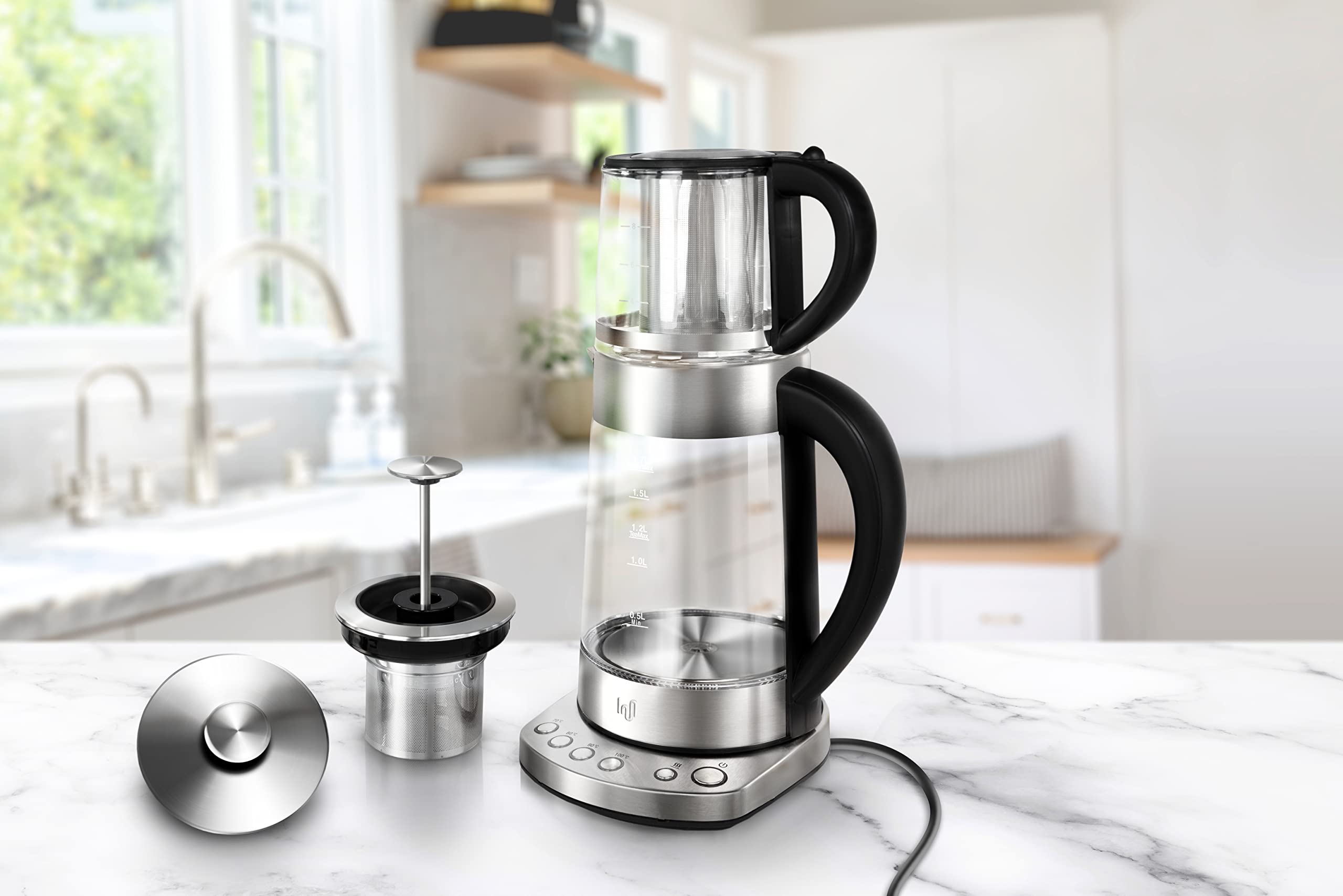 Hervidor de agua LED de cristal premium con ajuste de temperatura + función de mantenimiento de calor, colador de té de acero inoxidable + accesorio para tetera "Kand" probado por TÜV Süd