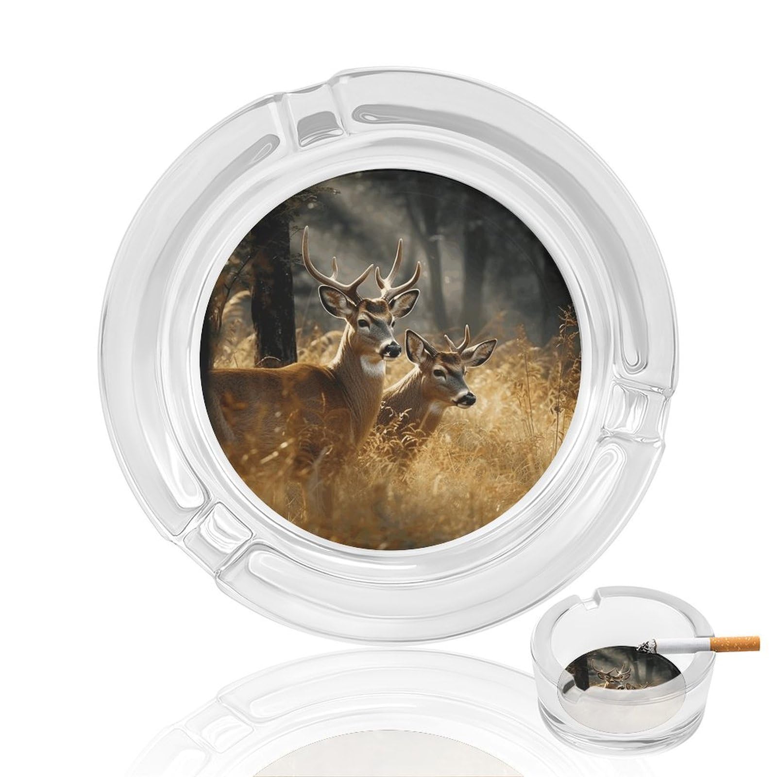 Nature Wild Animal Deers Ashtray Cigar Cigarette Rest Glass Outdoor Cigar Ashtrays with 3 Grooves Travel Cigar Ashtrays Fancy Cute Cool Ash Tray for Smokers Tabletop