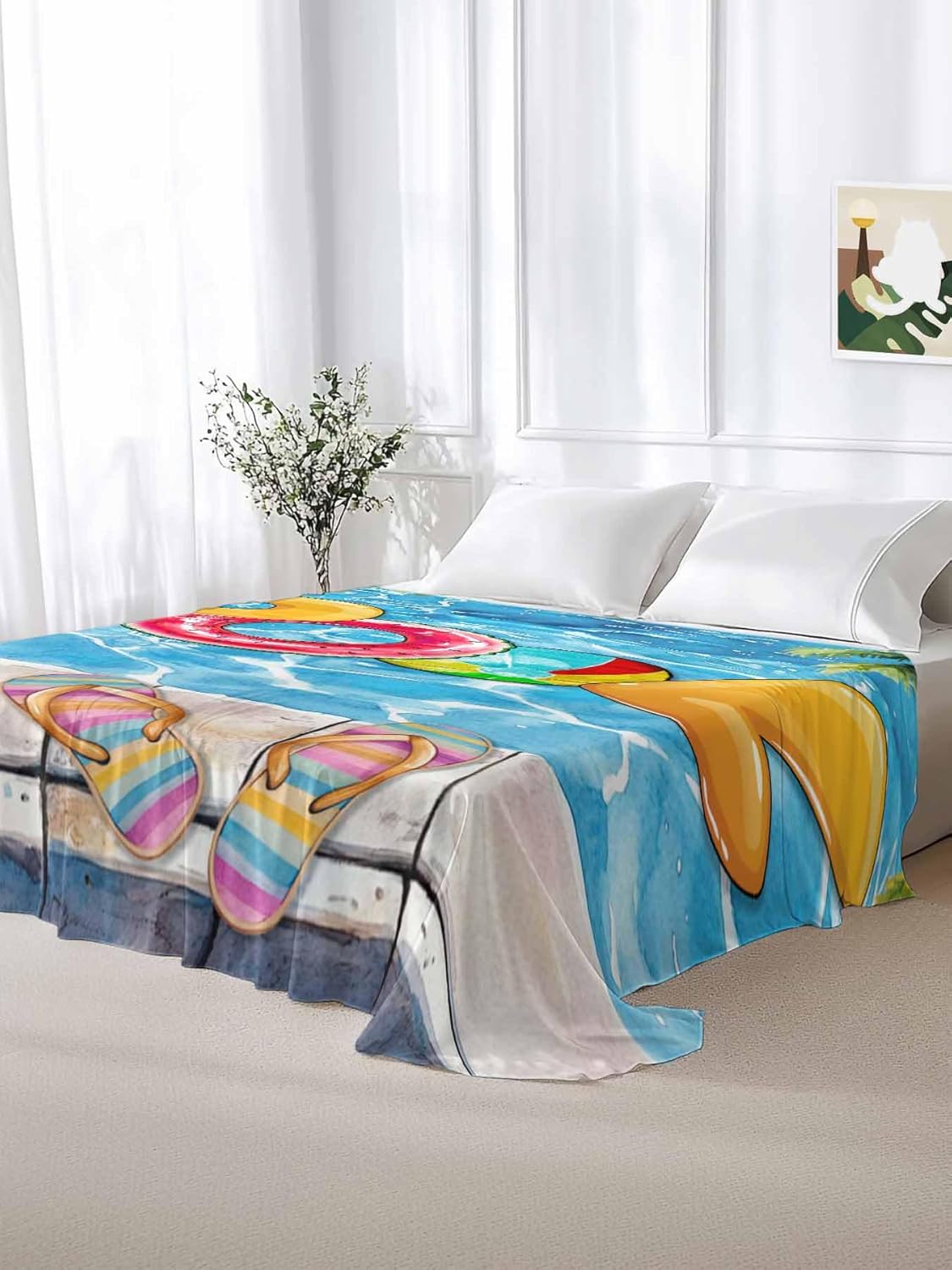 Top Sheet Full Bedding Flat Sheet Only, Summer Vacation Swimming Pool Microfiber Bed Sheets Soft Breathable Bedding Flat Sheets, Sunglasses Slippers Palm Tree Hotel Luxury Top Sheets