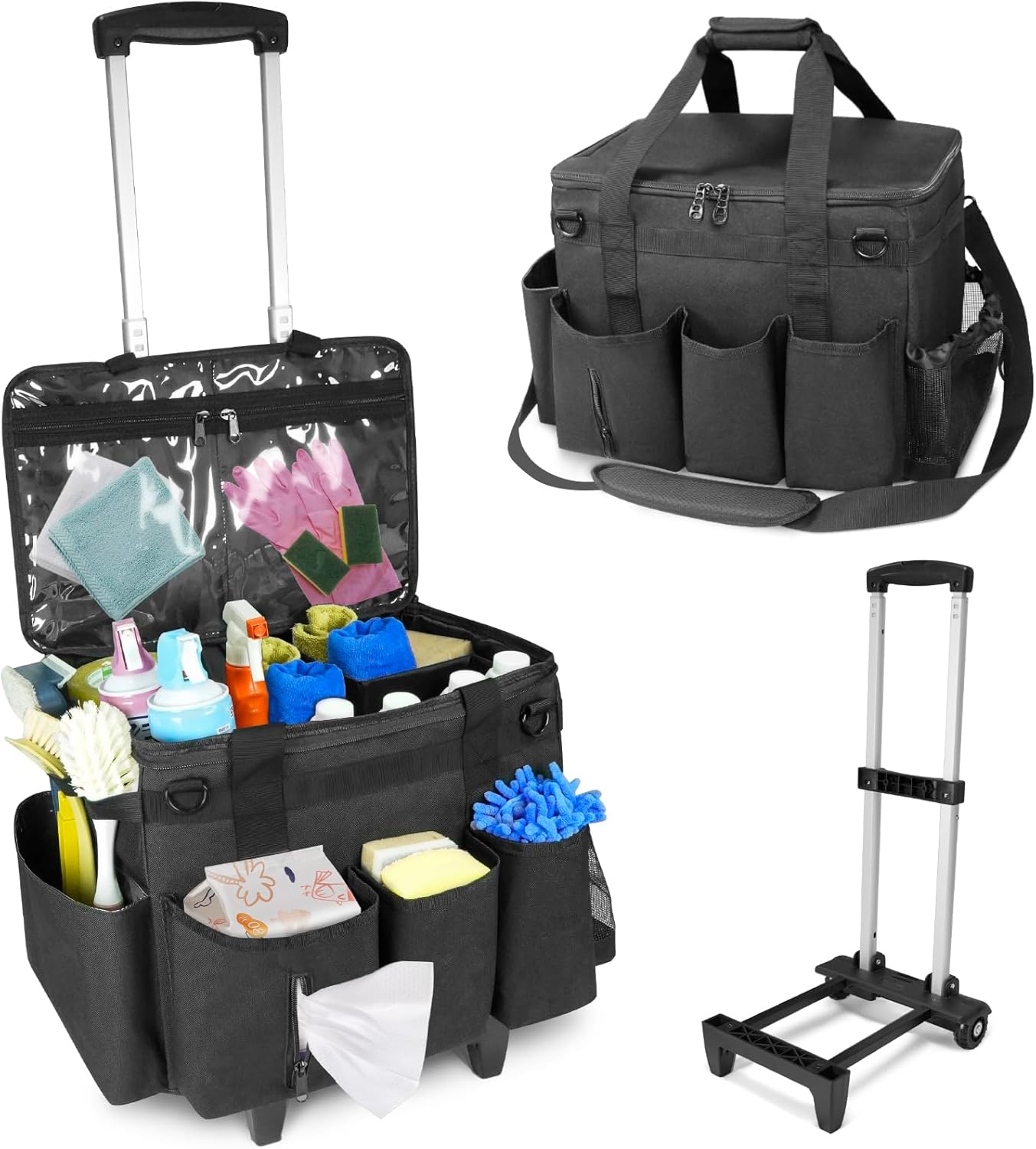 LIWSHWZ Rolling Cleaning Caddy Bag with Detachable Trolley & Lid,for Cleaning Supplies Organizer,Portable Large Cleaning Bag with Wheels for Housekeepers,with Shoulder Strap and Thickened Trailer Leg