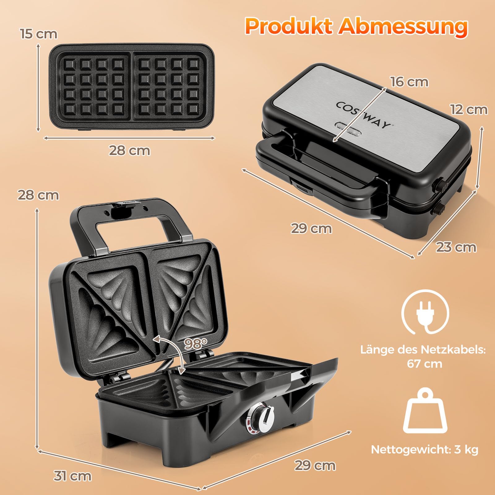 GOPLUS 3-in-1 Sandwichmaker, Waffeleisen, Kontaktgrill, 1200W Sandwichtoaster mit 5-Gang-Temperaturregelung, mit abnehmbaren Platten - Antihaftbeschichtung - elektrischer Panini Maker