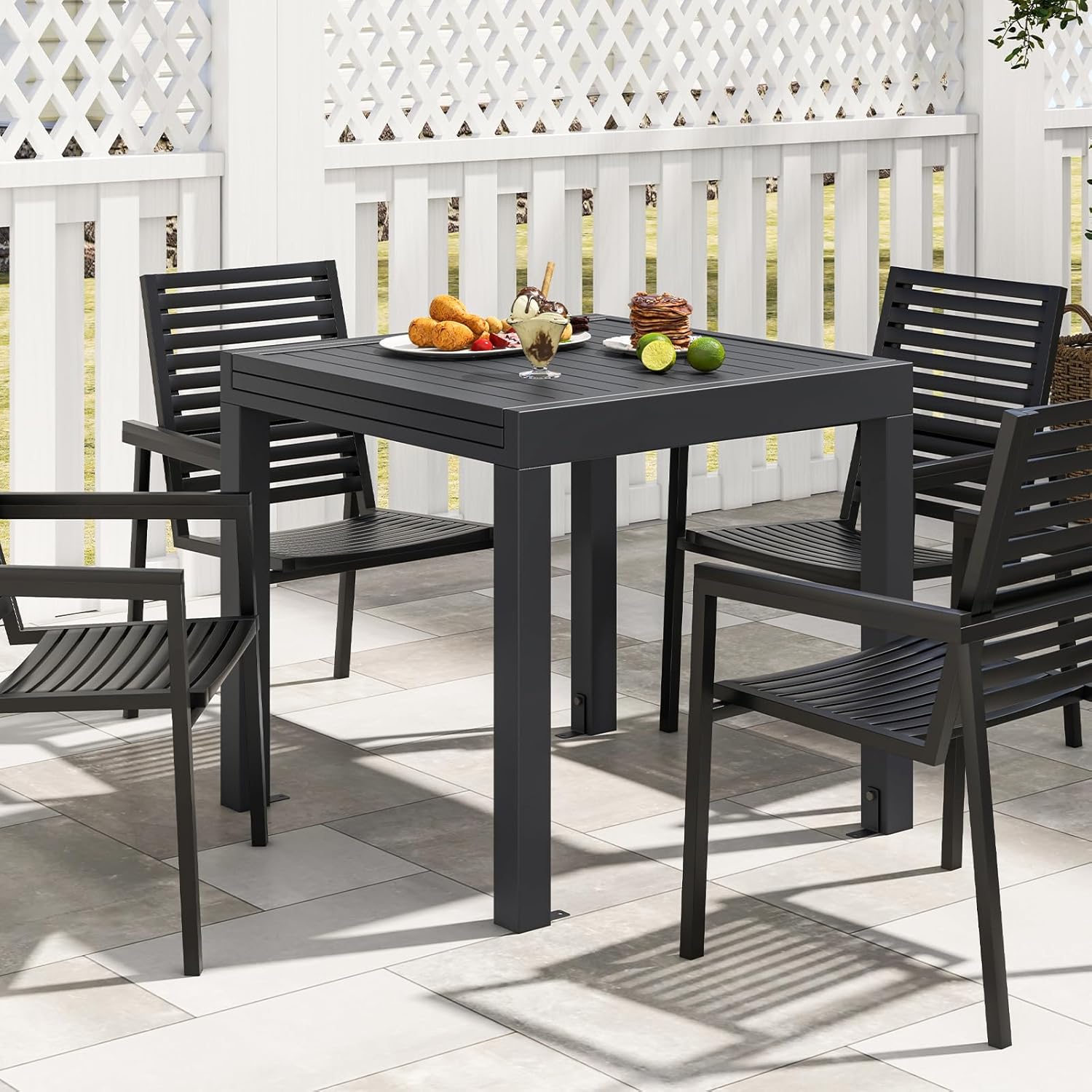 Giantex Expandable Patio Table, 31.5”-63” Extendable Aluminum Dining Table for 4-6 People, Slatted Tabletop, Square Rectangular Outdoor Table for Backyard, Front Porch, Poolside