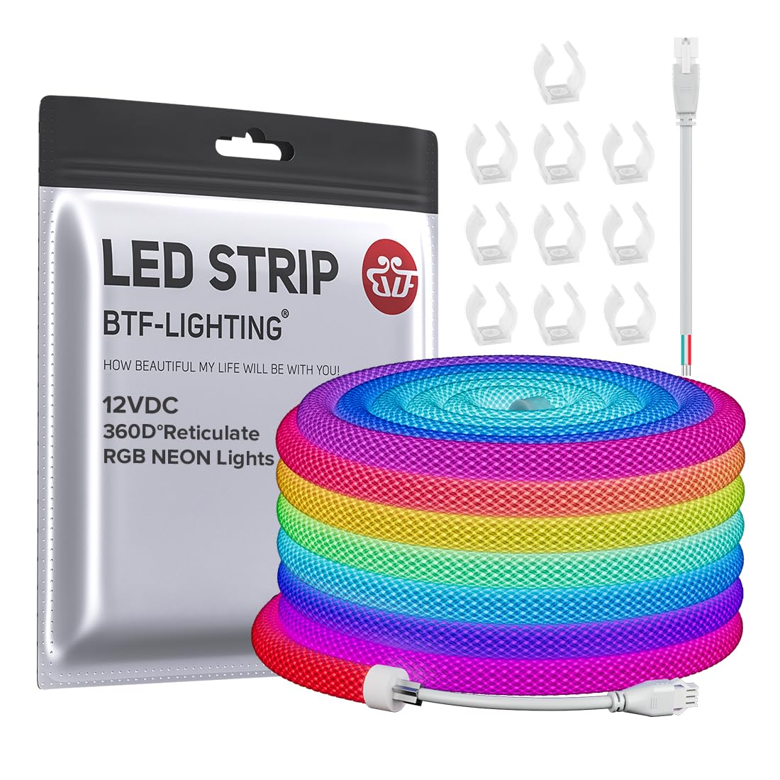 BTF-LIGHTING WS2811 Adressierbarer RGB Neon LED Streifen 360° Rundes Licht Flexibles Band 5M 50LEDs/M DC12V IP67 Wasserdicht für Wohnraumdekoration TV Hintergrundbeleuchtung Gaming Party(Nur Streifen)