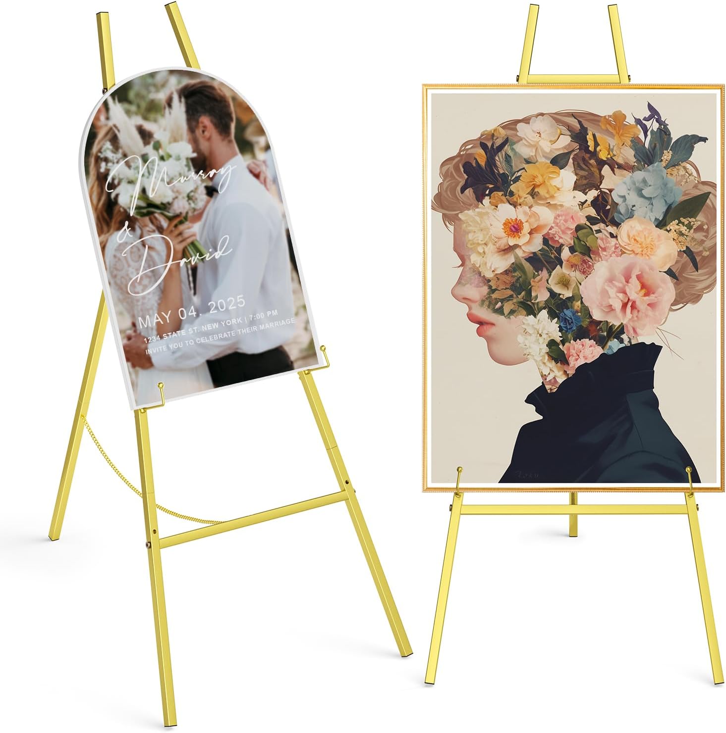 Gold Easel Stand for Sign, Heavy Duty Metal Easel Display Stand 3 Tier Height Adjustable Floor Standing Easel for Painting, Wedding, Art, Welcome Signs, Posters, Pictures, Baby Showers, Birthday Party