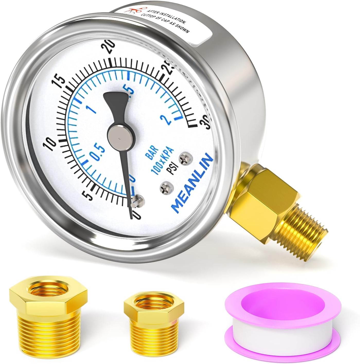 MEANLIN MEASURE 0~30Psi Dry Low Pressure Gauge Stainless Steel 1/8" NPT 2" FACE DIAL Waterproof for Pool Sand Filter Water Oil Air Pressure Test Lower Mount, with 1/4" NPT and 3/8" NPT Hex Bushing