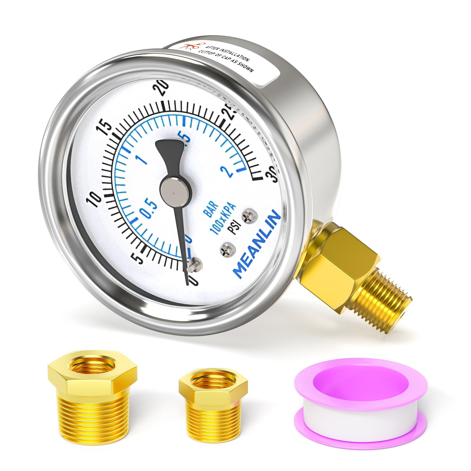 MEANLIN MEASURE0~30Psi Dry Low Pressure Gauge Stainless Steel 1/8" NPT 2" FACE DIAL Waterproof for Pool Sand Filter Water Oil Air Pressure Test Lower Mount, with 1/4" NPT and 3/8" NPT Hex Bushing