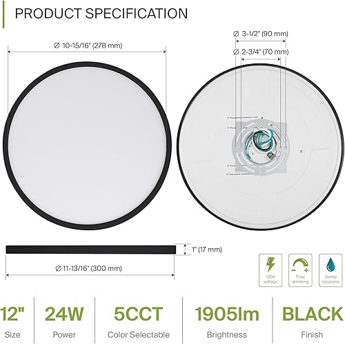 Miniatura 2 de ASD Lámpara de techo LED de 12" redonda de montaje empotrado, iluminación de superficie de bajo perfil  5CCT, regulable, ultradelgada, listada ETL