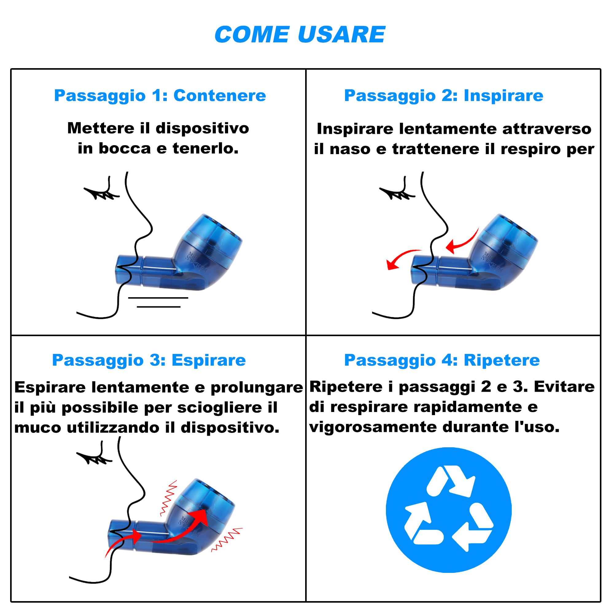 MillSTEPS Dispositivo per Esercizi Polmonari e Rimozione del Muco - Elimina Naturalmente il Muco Dalle vie Aeree - Adatto per Adulti, Atleti, Fumatori, Nuotatori, Subacquei (Blu)