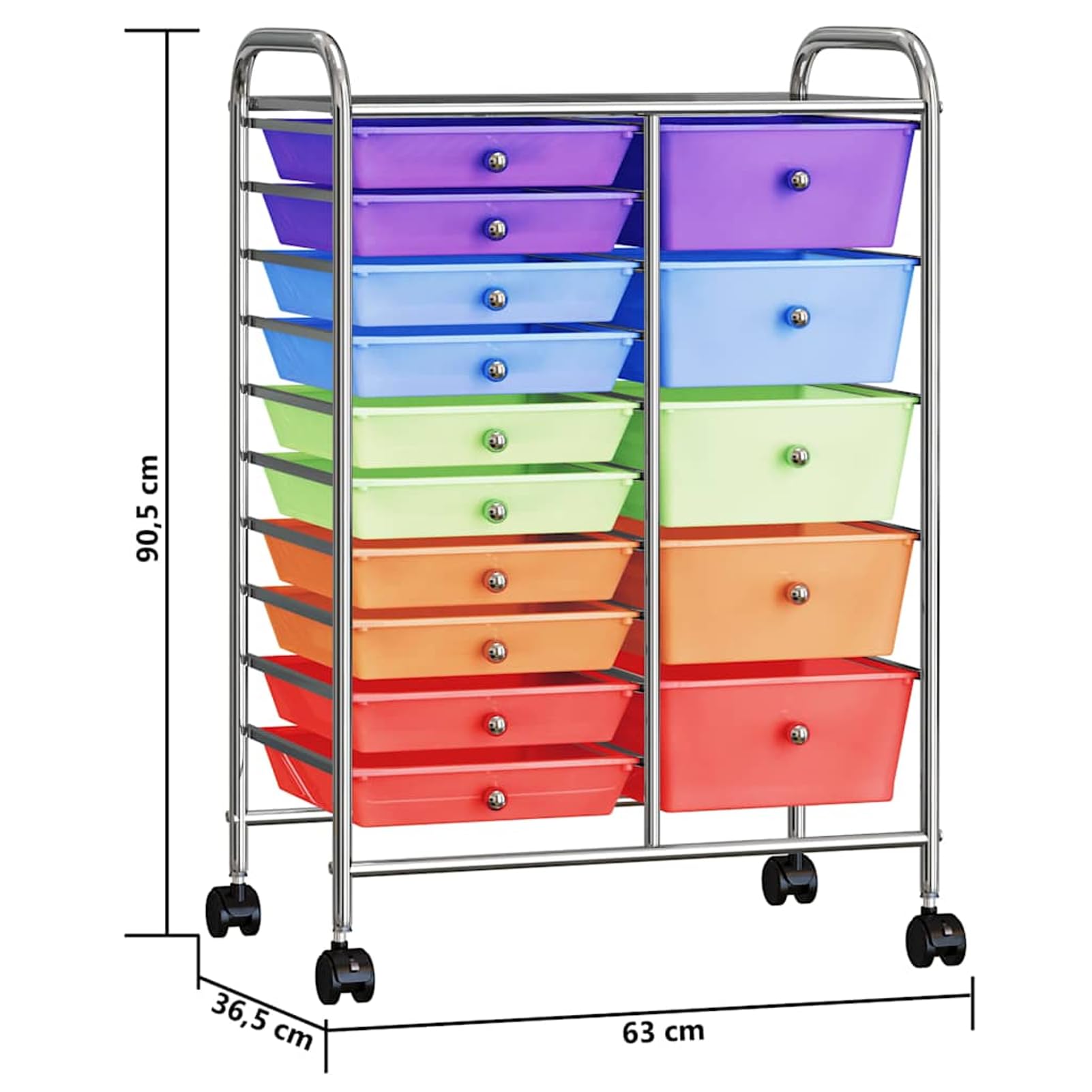 Tidyard Carrello Portaoggetti XXL 15 Cassetti Multicolore Plastica e Cromo 63x36,5x90,5 cm con Ruote per Ufficio e Casa 320410