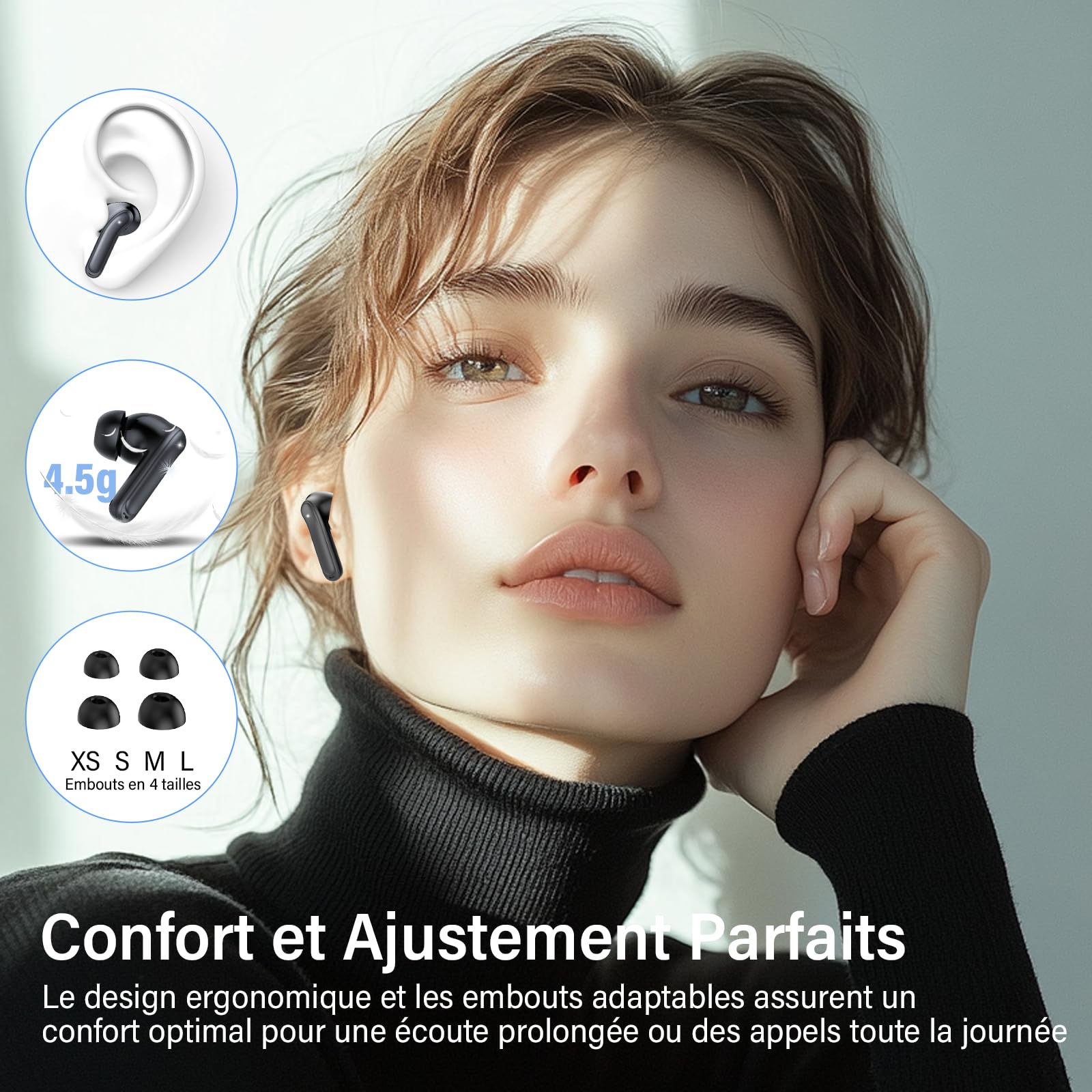 Écouteurs sans Fil Bluetooth 5.4 avec Réduction de Bruit Hybride, Hi-Res Son Stéréo, 6 Micros, 49H Autonomie, Charge sans Fil
