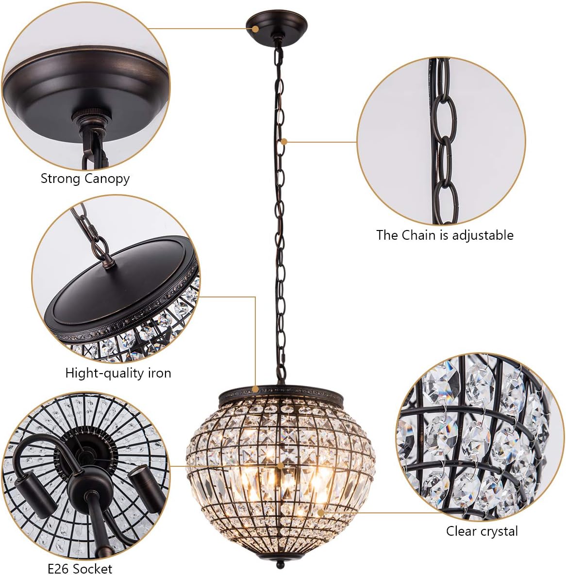 Flash Deals - 80% OFF Vintage K9 Crystals Chandelier Classic Pendant Light Fixture for Living Room Entry Dining Room Staircase, Globe