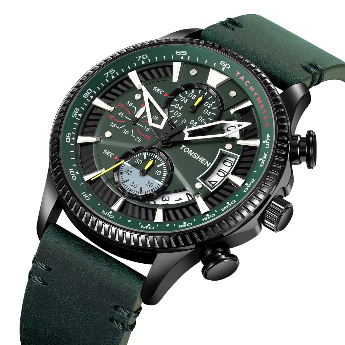 TONSHEN Relojes de Hombre Casual Analógico Cuarzo Acero Inoxidable Caja y Piel Correa Deportivo Cronómetro Calendario Reloj de Pulsera