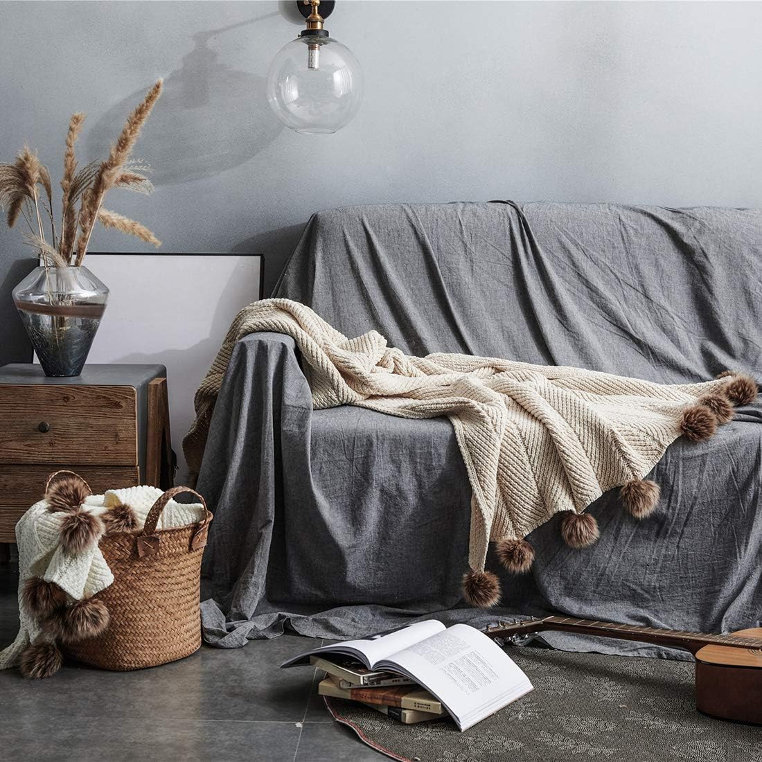 vctops Fur Pom Pom Knit Throw Blanket Super Soft Warm Cozy Cable Knitted Blanket for Sofa and Couch 51 x 63 Inch Beige Apricot - Image 3