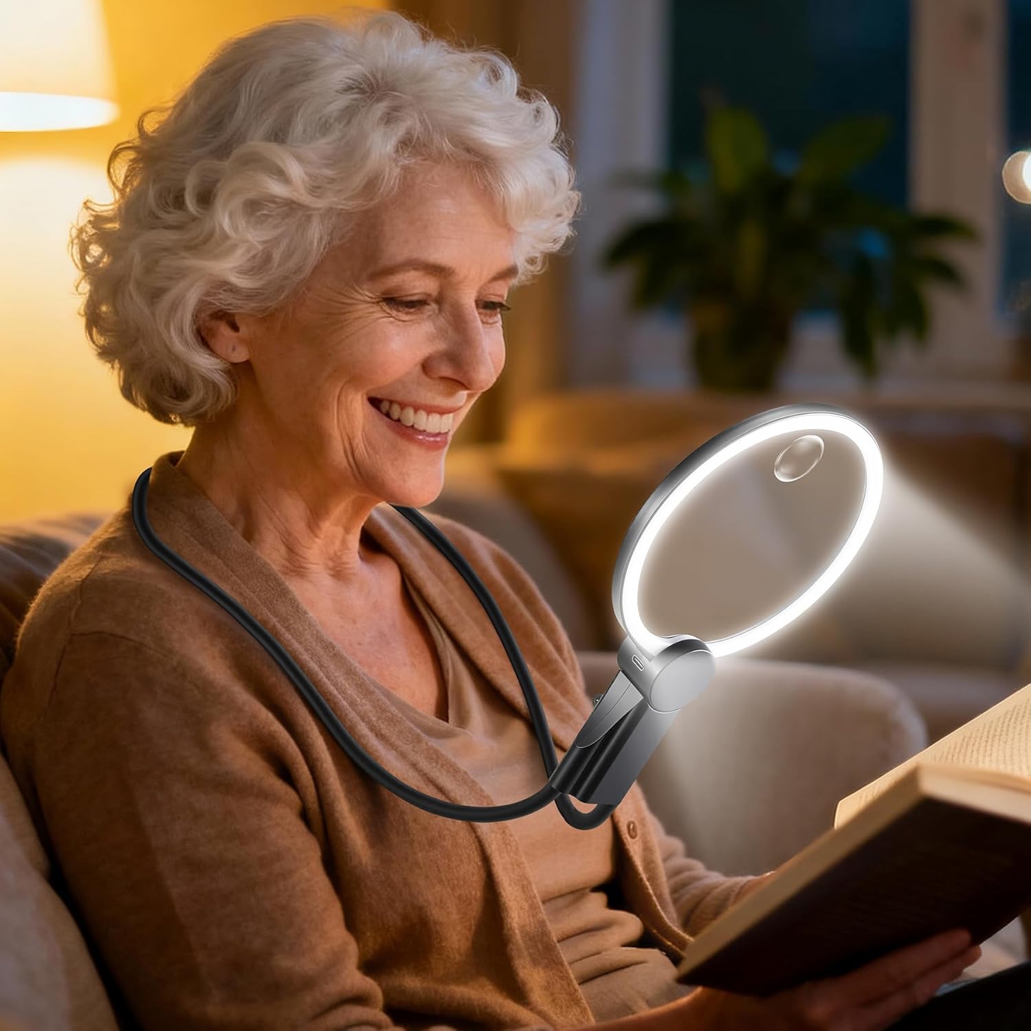 Hands Free Magnifying Glass with Light for Close Work, 5.5 Inch 5X 10X Multi-Functional Lighted Magnifying Glass, Neck Wear Magnifier for Reading Books, Sewing, Handmade, Low Vision Seniors (Black)