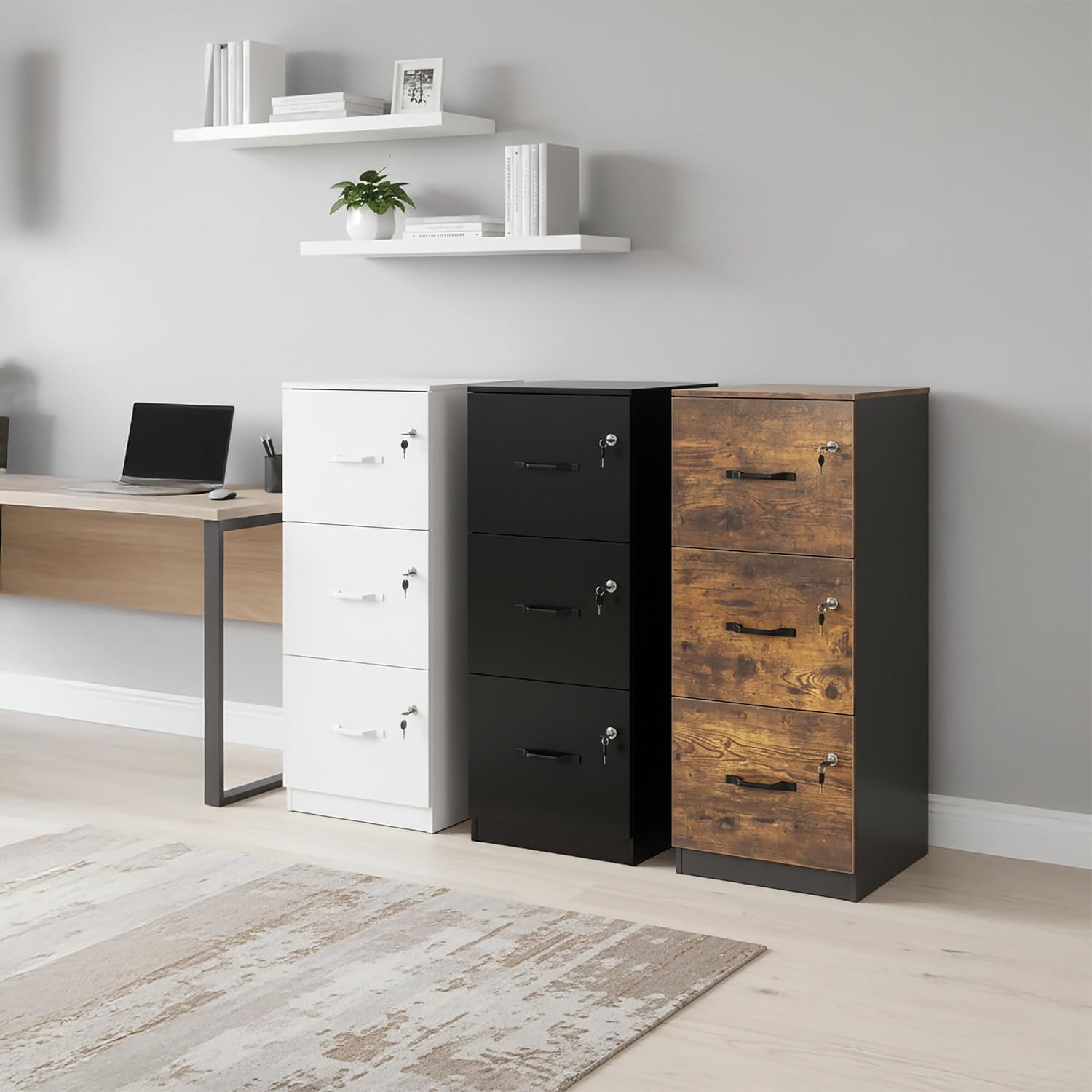 Relaxdays filing cabinet with open drawers showing hanging files