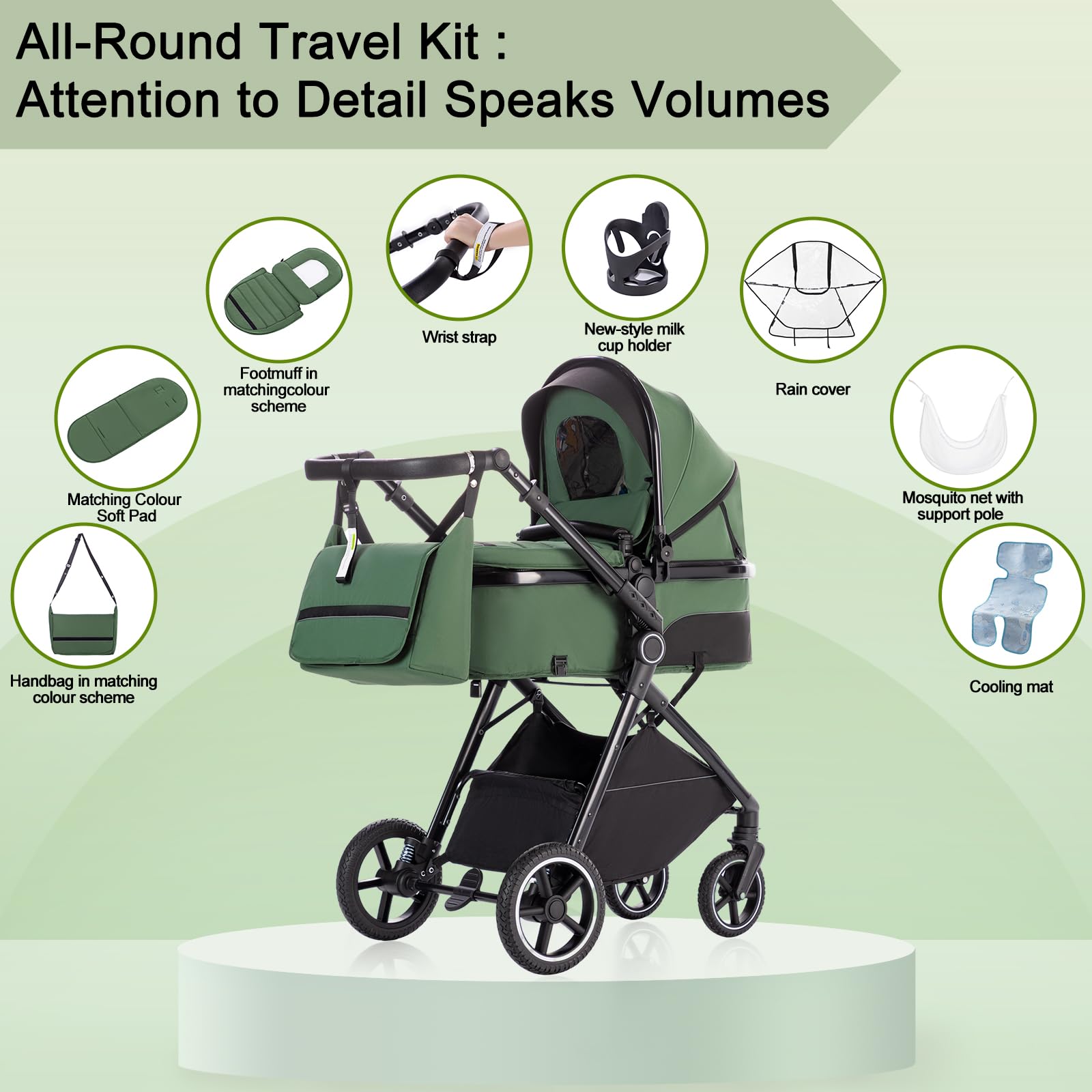 Zkiprm Carrito de Bebe 3 en 1, Conjunto Plegable Portátil con un solo Toque Carrito Bebe, Con Asiento y Reclinable Silla de Paseo, Incluye mosquitera, funda para la lluvia, portavasos, bolsa,0 a 3 año