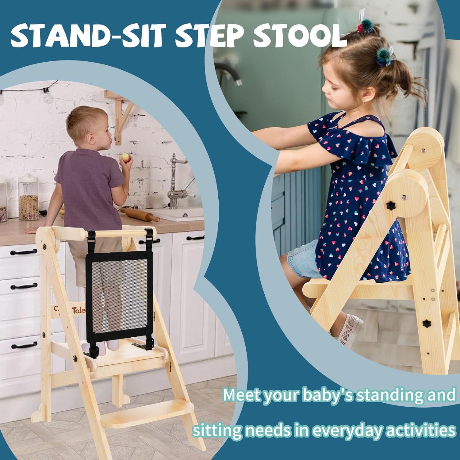 Foldable Toddler Tower, 3 Adjustable Height Toddler Standing Tower, Wooden Kids Kitchen Stool Helper with Safety Rails, Space Saving Kids Step Stool - Ages 18 Months to 6 Years