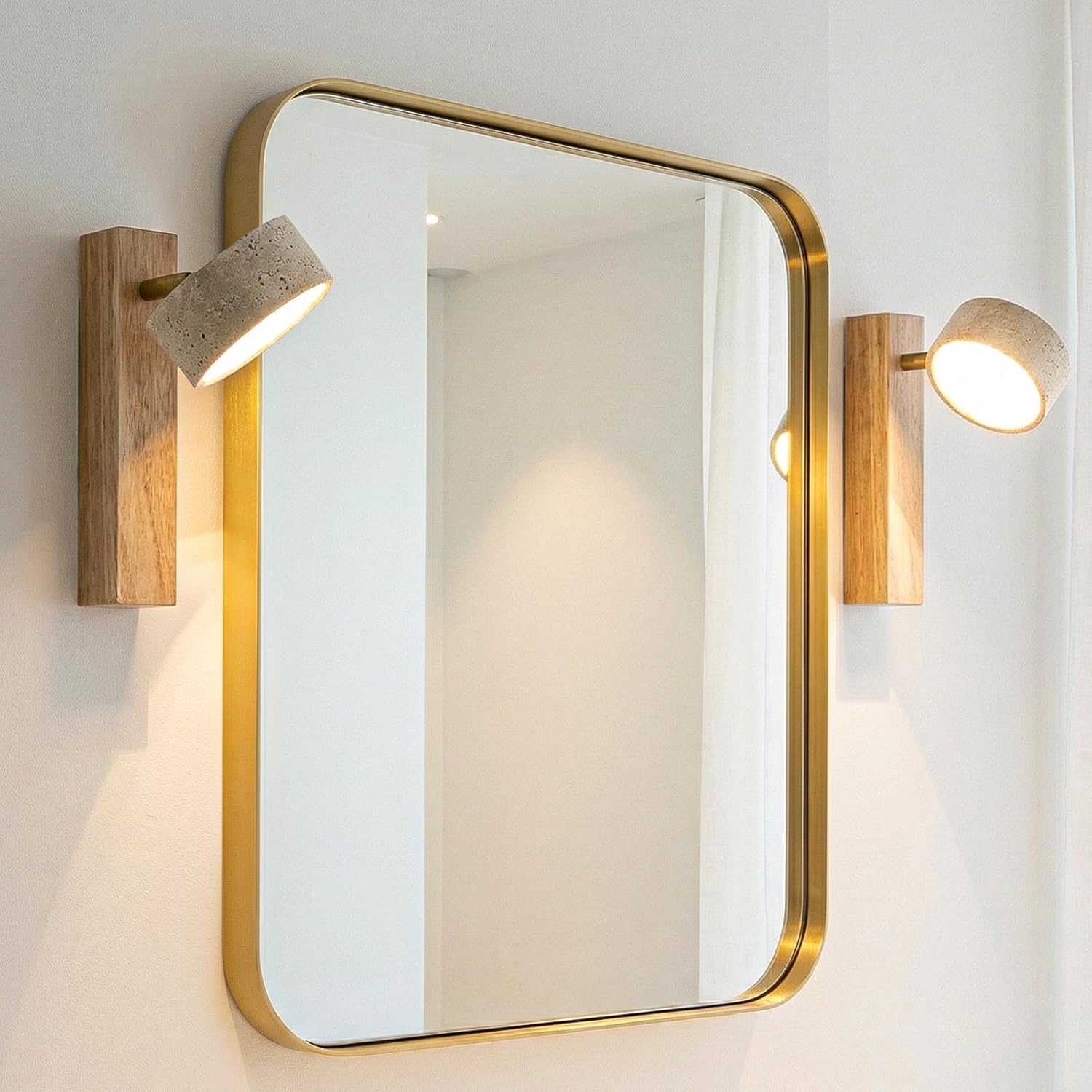 Natural Travertine Wall Sconce, 1-Light Solid Wood Japandi Bathroom Vanity Light, Organic Modern Minimalist Stone Bedside Reading Lamp for Powder Room, Hallway & Mirror Side