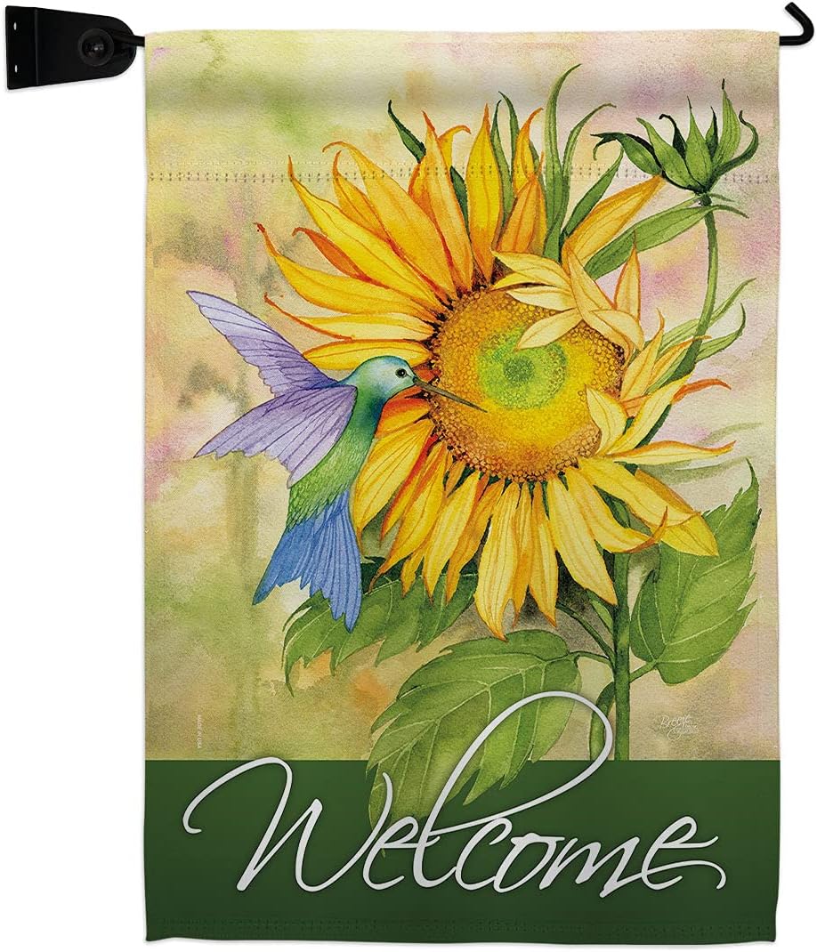 Sunflower with Hummingbird Garden Flag Set Wall Holder Floral Tulip Rose Orchid Lilies Season Springtime Flower Wreath Small Decorative Gift Yard House Banner Made In USA 13 X 18.5