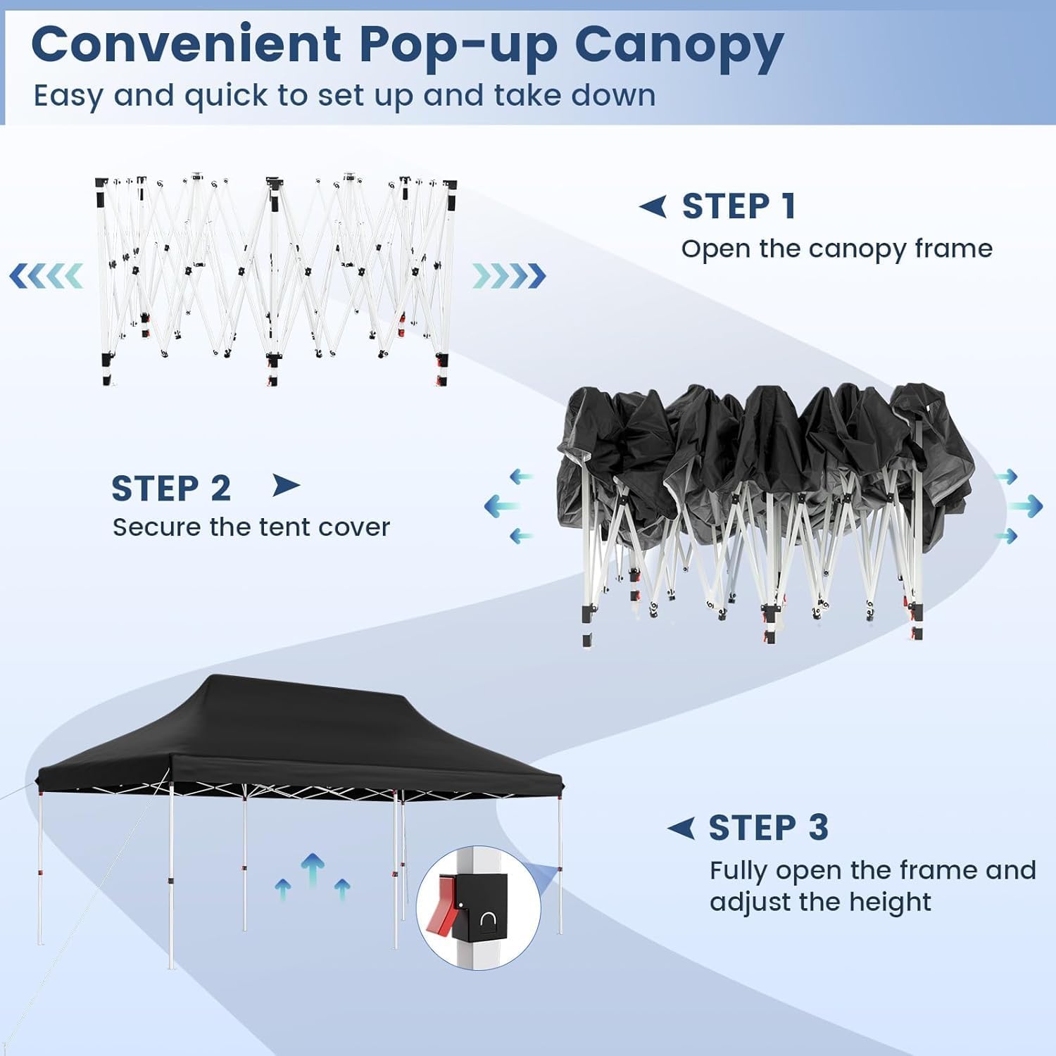 20 x 10 FT Pop Up Tent, Outdoor Canopy Shelter with 12 Stakes, 6 Ropes and 1 Carrying Bag, Portable Lightweight Shade Tent with Adjustable Height for Backyard, Garden, Lawn, Patio (Black)