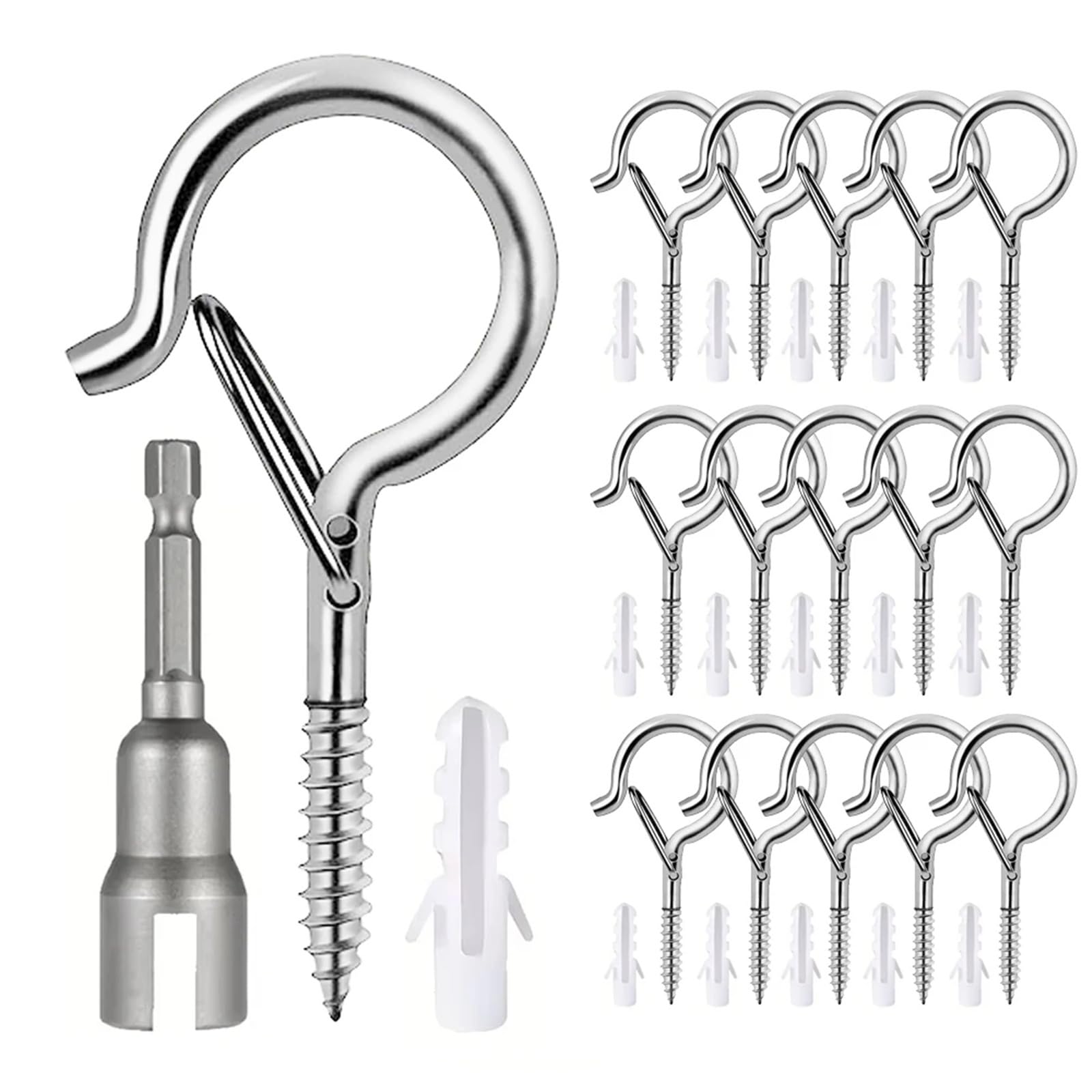 Crochets de suspension avec boucle de sécurité et vis coupe-vent for suspendre guirlandes lumineuses extérieures, plantes et supports de pots de fleurs(Silver,100pcs)