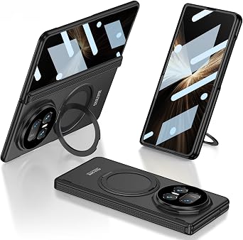 Case for Honor Magic V5, Shock-Resistant and Stylish Case with Built-in Screen Protector, Center Hinge Protection, with Finger Ring Holder, Wireless Charging Compatible Black