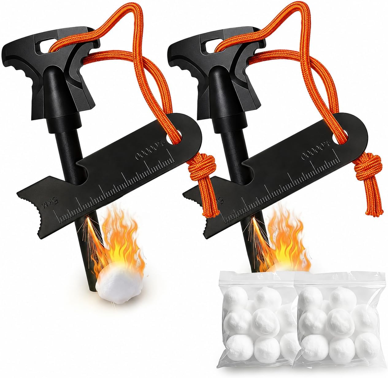 2PCS Magnesium Fire Starter with Striker, High Temp Magnesium Rod, Ferro Rod Fire Starter Survival Tool with 20Pack Waterproof Tinder and Steel Fire Striker for Camping, Hiking and Emergency