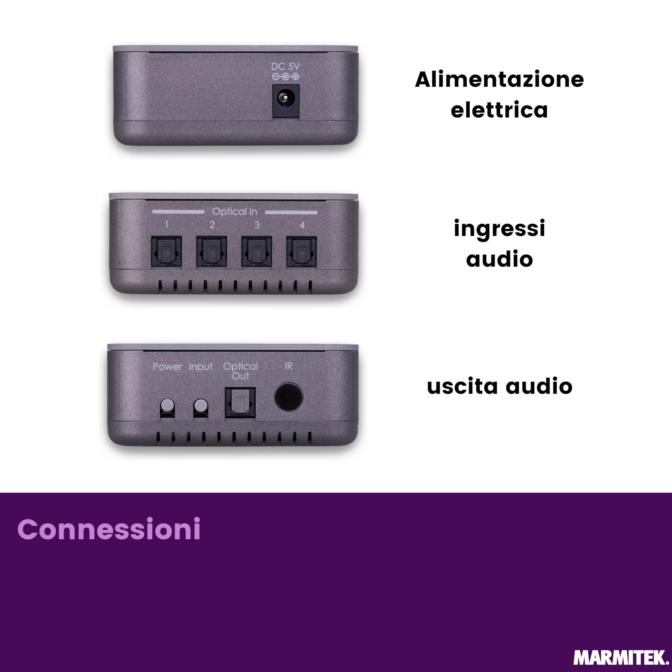 Toslink Audio Switch - Marmitek Connect TS21 - Audio Soft Optical - 2 In / 1 Out - S / PDIF - Frequenza di campionamento 192 kHz - Dolby Digital - DTS - Switch per cavi in ​​fibra ottica | Commutatore audio ottico per TV, amplificatore e home cinema, senz
