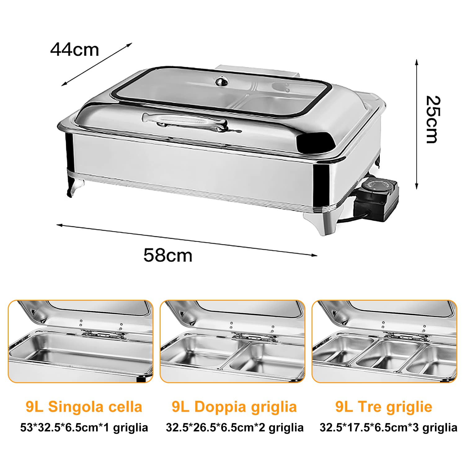 9L Chafing Dish Scaldavivande Elettrico per Buffet Acciaio Inox | Contenitore Vassoio di Riscaldamento Pentole con Coperchio Visibile, Scaldavivande per Buffet Feste Ristoranti