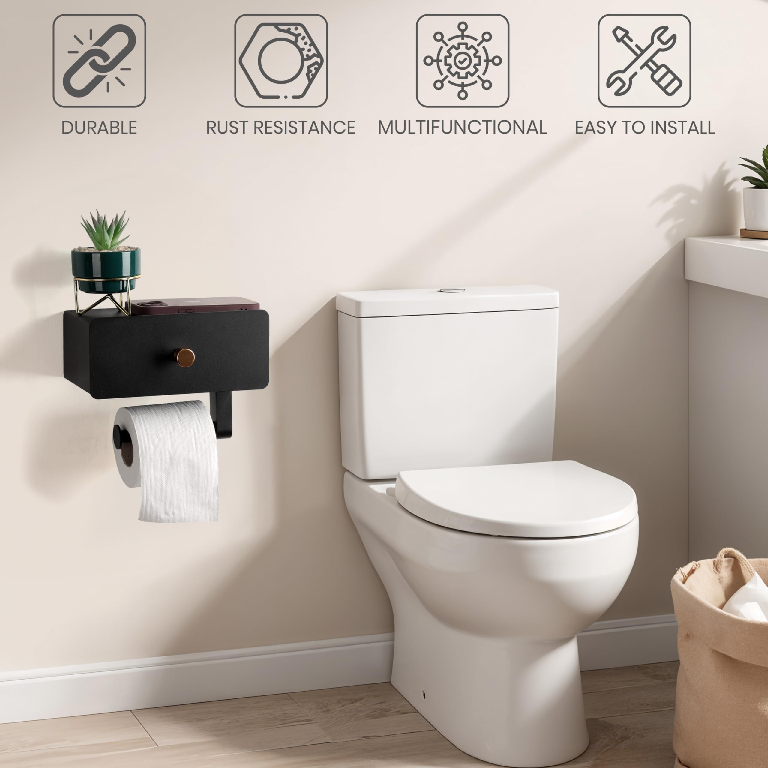 Belle Vous Toilet Paper Holder with Shelf & Drawer, Wall-Mounted Stainless Steel Toilet Roll Holder for Bathroom - Image 2