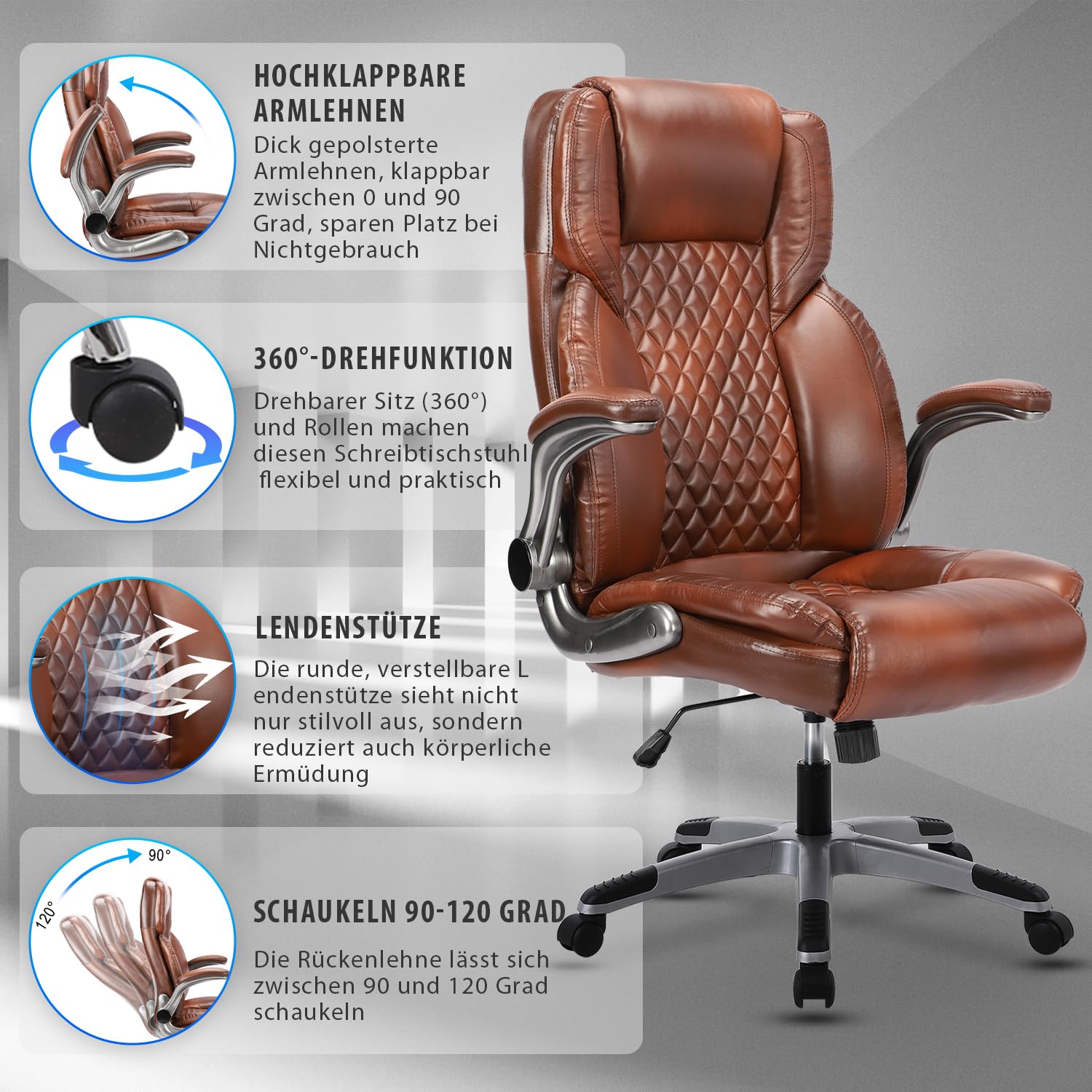 Bosmiller Bürostuhl Ergonomischer Chefsessel Bürostuhl 200 kg, Verstellbarer Rückenlehne, Hochklappbaren,Armlehnen, Schreibtischstuh Büro, Office Chair für Büro Computer Chefsessel, Braun