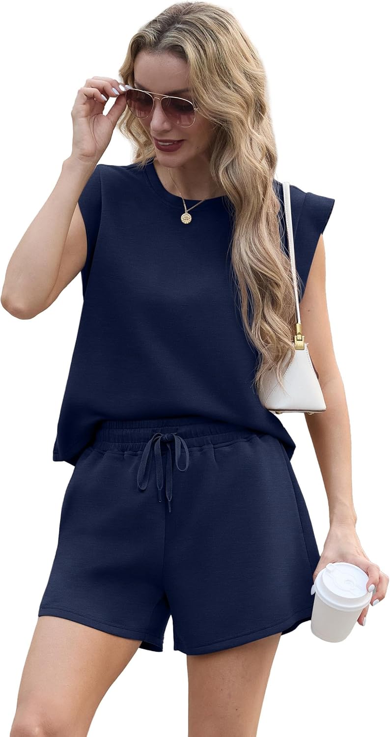 GRECERELLE 2026 Women's Summer 2 Piece Outfits Round Neck Cap Sleeve Top with Pocket Short Sets - Image 3