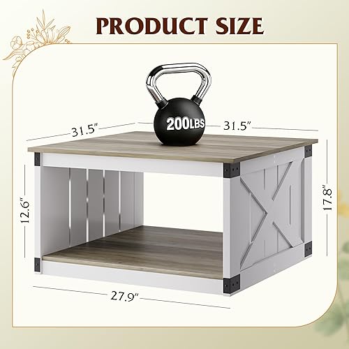 Miniatura 3 de WLIVE Mesa de café, mesa de café de granja con almacenamiento abierto, mesas de sala de 31.5" cuadradas de madera, mesa de centro rústica para