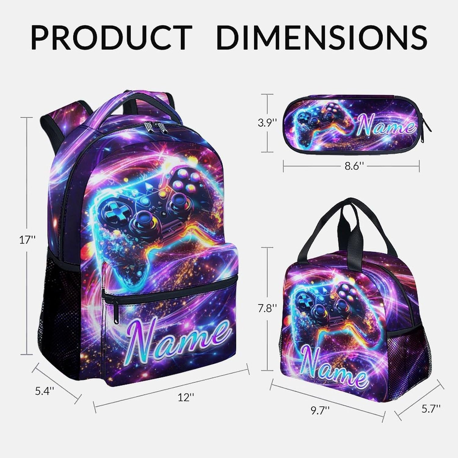 Gaming Backpack for Boys with Lunch Box, Kids Personalized Bookbag Set with Game Controller - 17 Inch Polyester Gamer Daypack for Middle School Weekend Travel Use