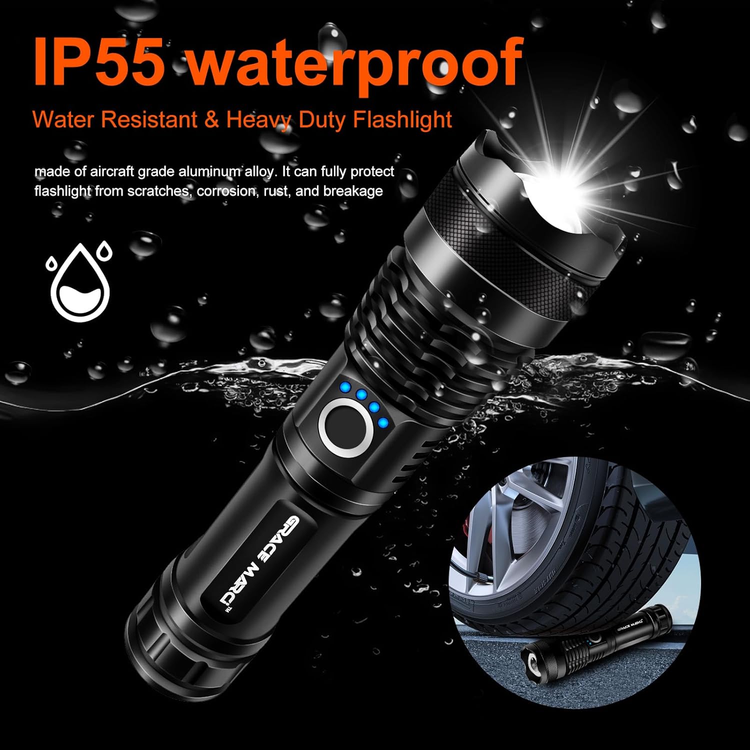 High Lumen Flashlight Rechargeable, 150000 Lumens Super Bright, 5 Modes & Adjustable Focus Zoomable, IP55 Waterproof & Shockproof Tactical Flashlight for Camping, Hiking, Emergency, Outdoor