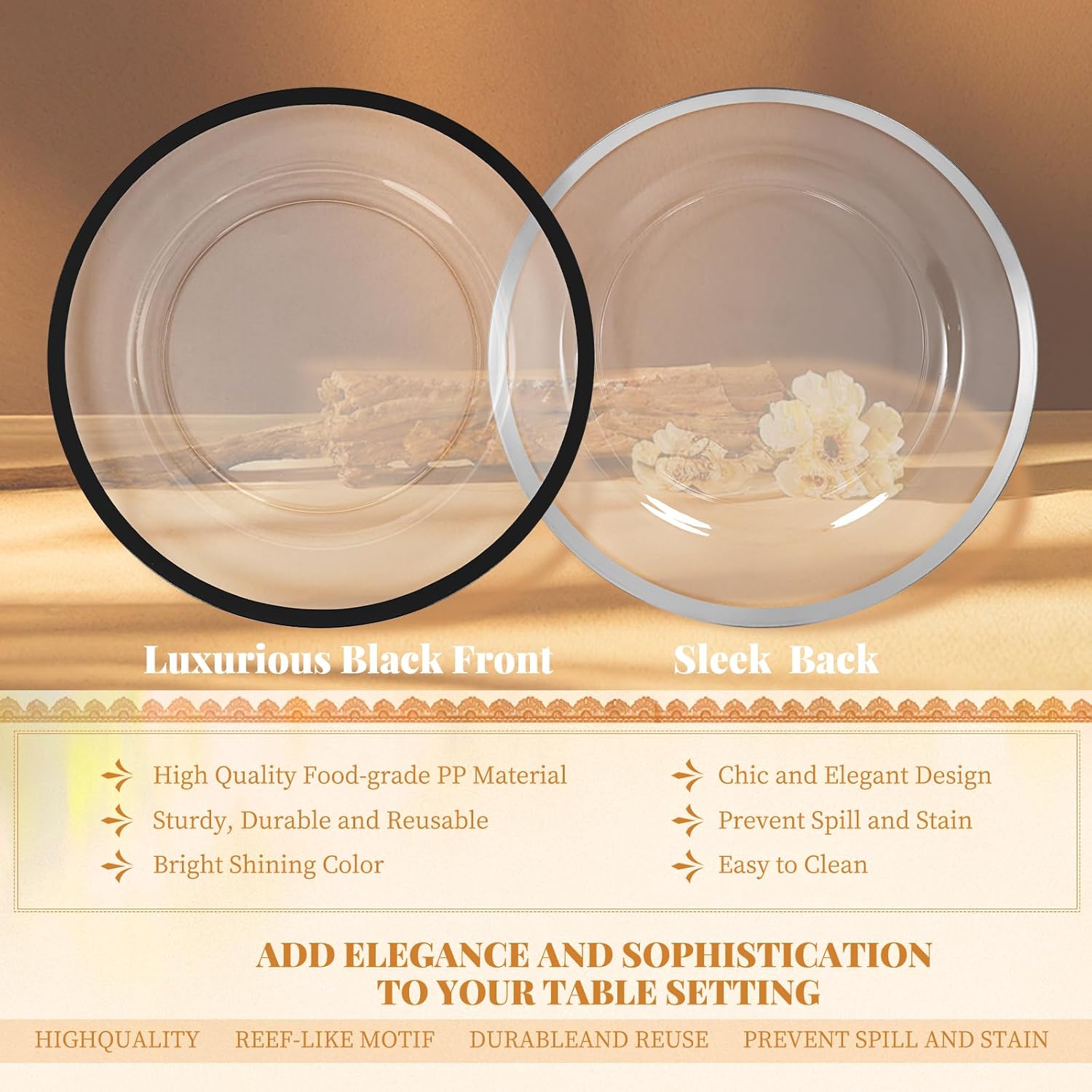 Showgeous 50 Pack Clear Charger Plates with Black Rim 13'' Heavy-Duty Disposable Plate Chargers for Dinner Plates Round Plastic Plate Chargers for Wedding Parties Dinner Table Serving Home Decoration