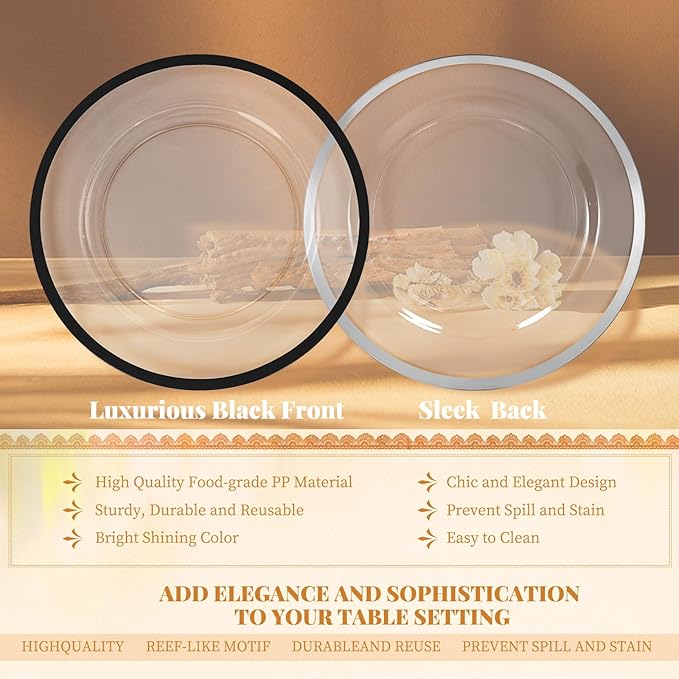 Platos cargadores transparentes con borde negro 33 cm pack 10 miniatura 6