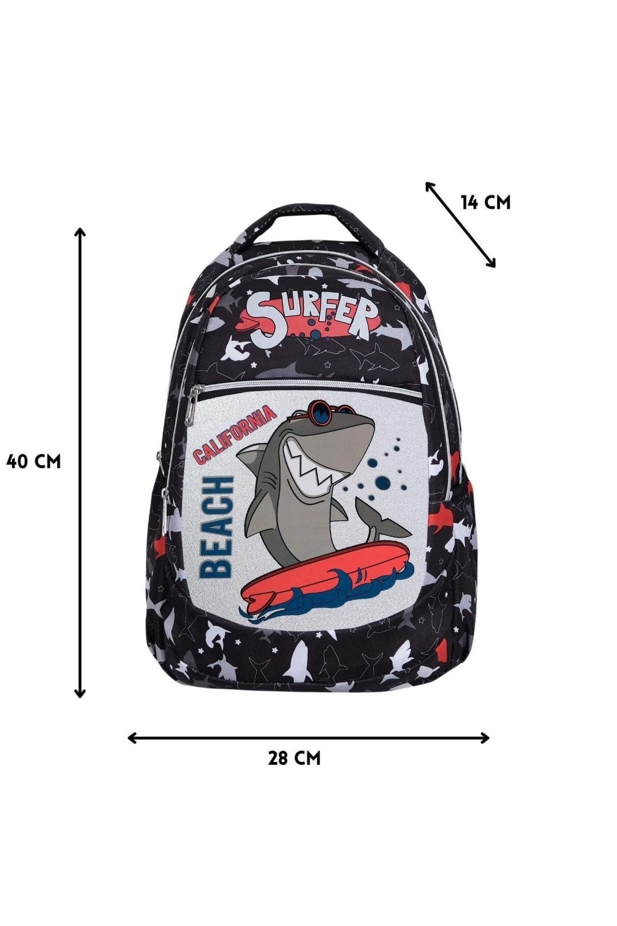 TahTicMer ilkokul Okul Sırt çantası Kız Erkek Unisex Beslenme çantalı Ortopedik 2li Set Köpek Balığı Siyah