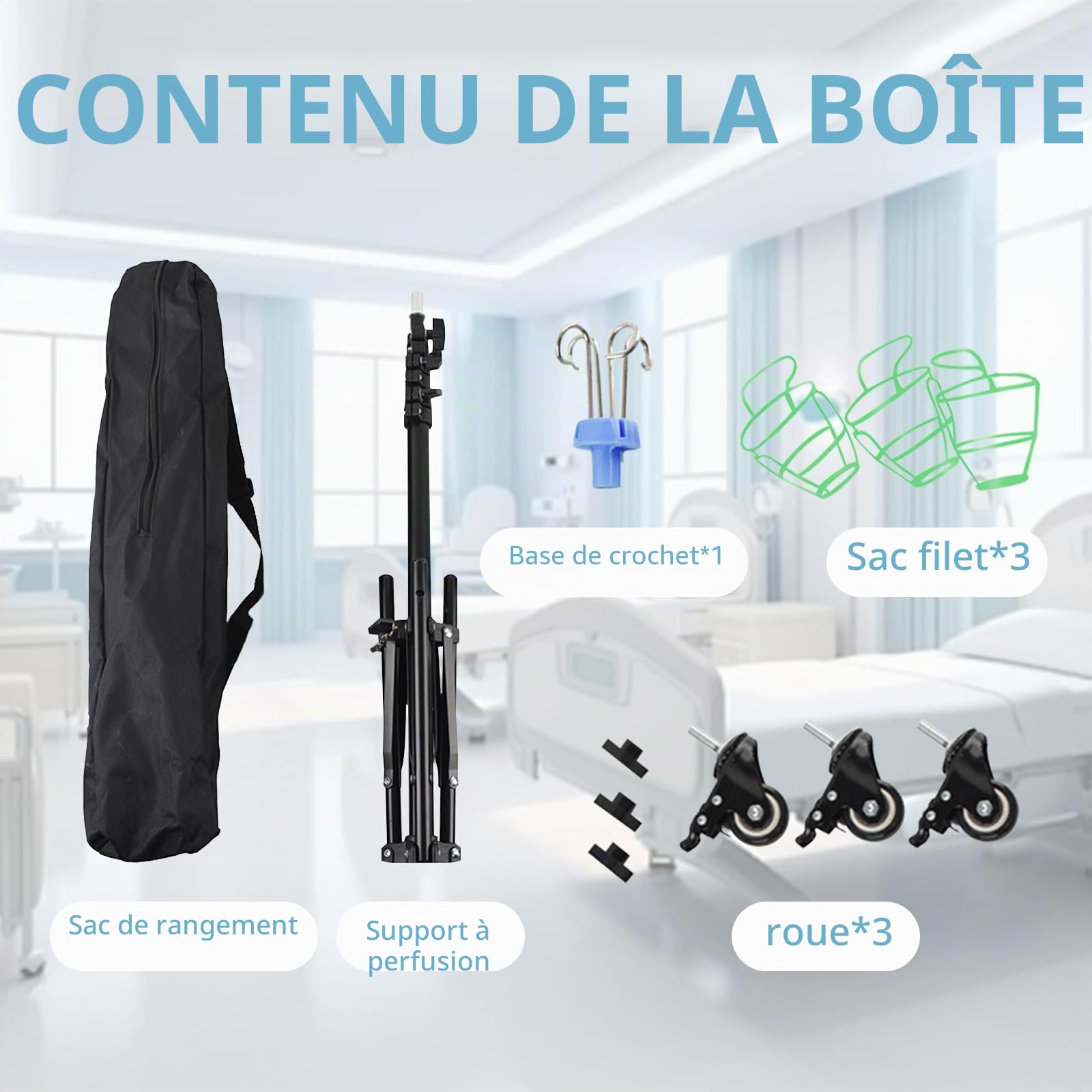Support de Perche Intraveineuse avec Roues, Pliable Support D'infusion IV avec 4 Crochets, Hauteur Réglable, Télescopique Support de Perfusion pour Hôpital et Soins à Domicile