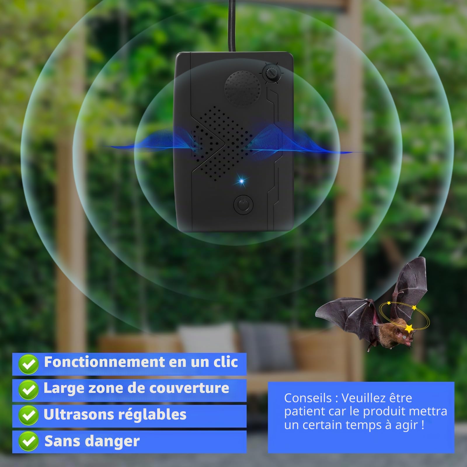 Lot de 2 répulsifs à ultrasons pour chauve-souris d'extérieur pour grenier, appareils dissuasif pour se débarrasser des chauves-souris, répulsif à ultrasons à ultrasons d'intérieur pour garder les