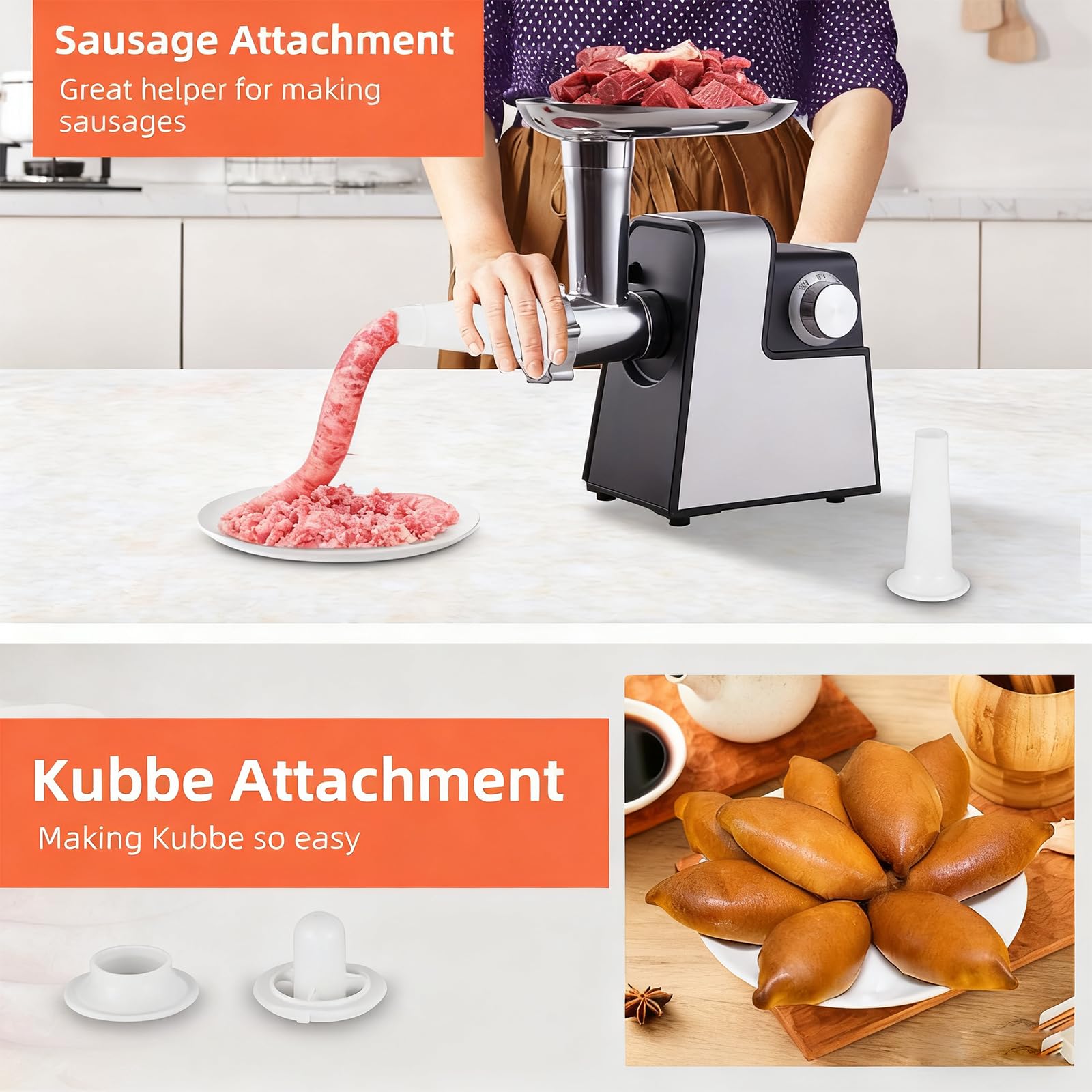 Picadora de carne eléctrica compacta, embutidora de salchichas doméstica pequeña con tubo de salchicha y kit Kubbe, picadora de carne para uso doméstico en la cocina
