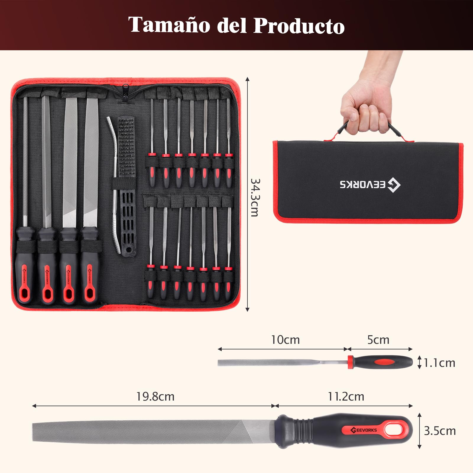 Geevorks Set di lime e scofini, 33 pezzi, set di lime per metallo, 14 lime piccole, 4 lime grandi, 1 spazzola di pulizia, 1 lima di legno, per lucidare legno e metalli