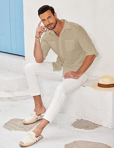 Miniatura 4 de COOFANDY Camisa de algodón y lino para hombre, manga larga, casual, con botones, para verano, playa, camisetas lisas con bolsillos