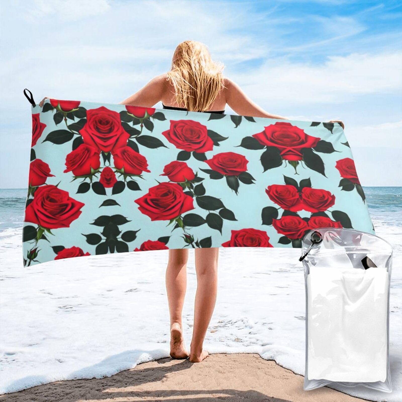 Toalla de playa portátil ligera de secado rápido con rosas rojas para natación y senderismo