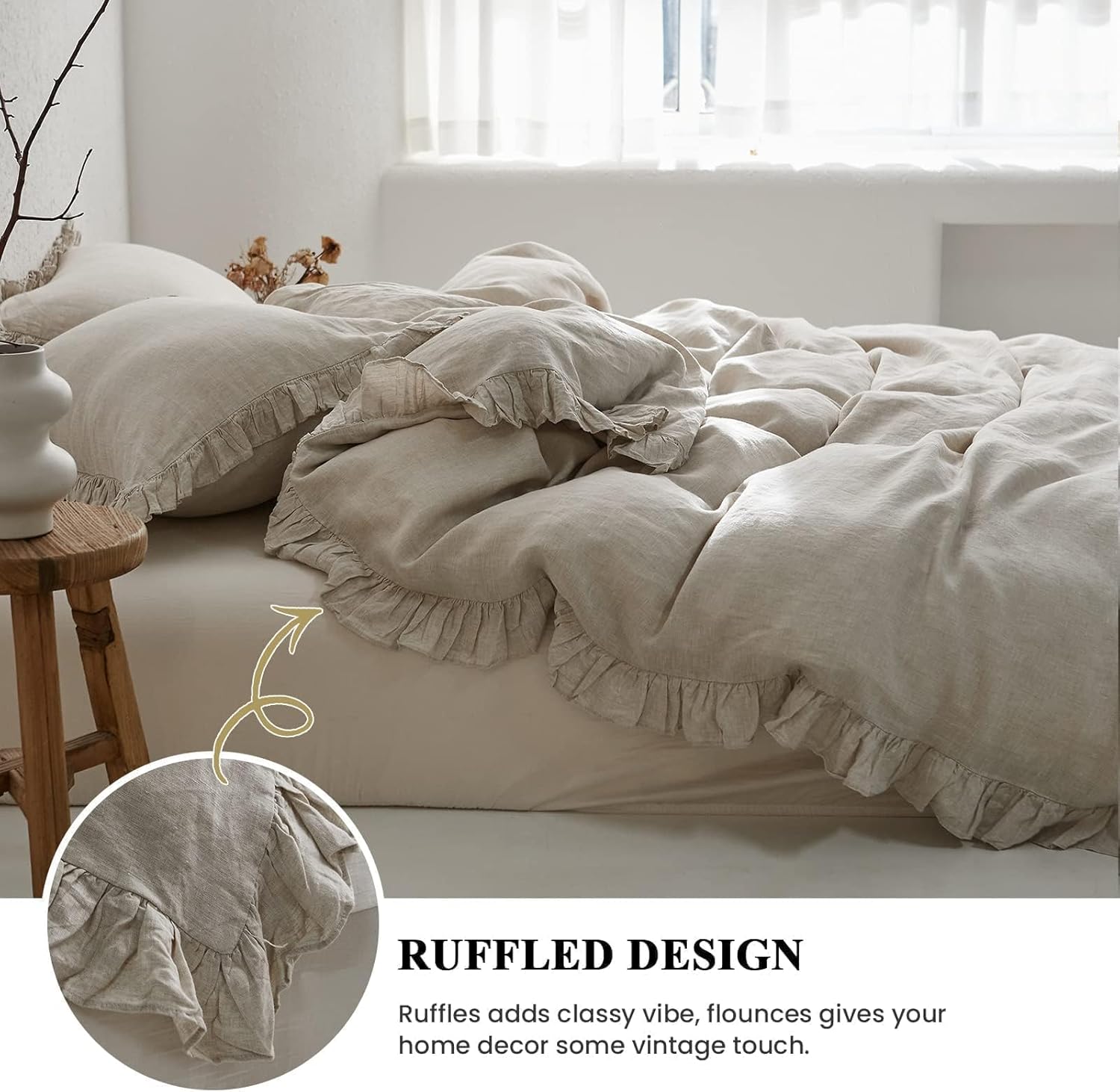 Simple&Opulence 100% Linen Duvet Cover Set, 3 PCS Natural French Flax Ruffle Duvet Cover Full Size, Breathable Comfy Linen Bedding Comforter Cover with 2 Pillowcases (Natural Linen, 78"X 86") - Image 2