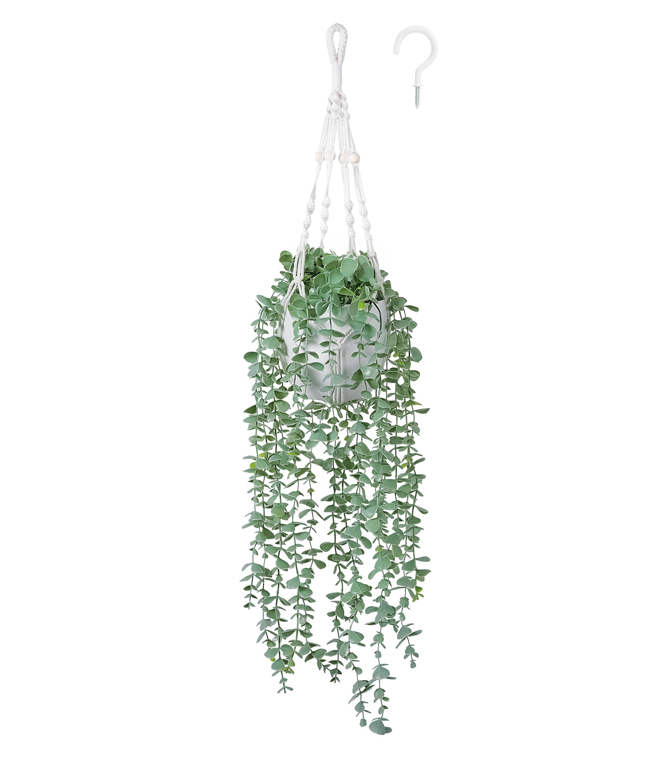 Photo 1 of DREAMLOOM Fake Hanging Plants with Pot, Artificial Eucalyptus Hanging Plants with Macrame Hanger for Indoor Decor, Fake Hanging Vines Faux Greenery for Home Kitchen Office