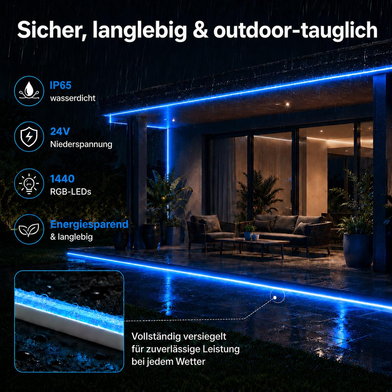 Meevt RGB Neon LED Strip 20m, 24V LED Streifen für Outdoor und Innenbereich | 72 LEDs/m, IP65, Weiches Silikonmaterial, 120° Seitenbeleuchtung, App und Fernbedienung, Musik Sync, Terrasse Garten Deko