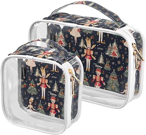 Christmas Ballets Nutcrackers Tree Clear Toiletry Bag for Traveling,2 Pack Makeup Cosmetic Bag with Zipper,Travel Bag for Toiletries,Travel