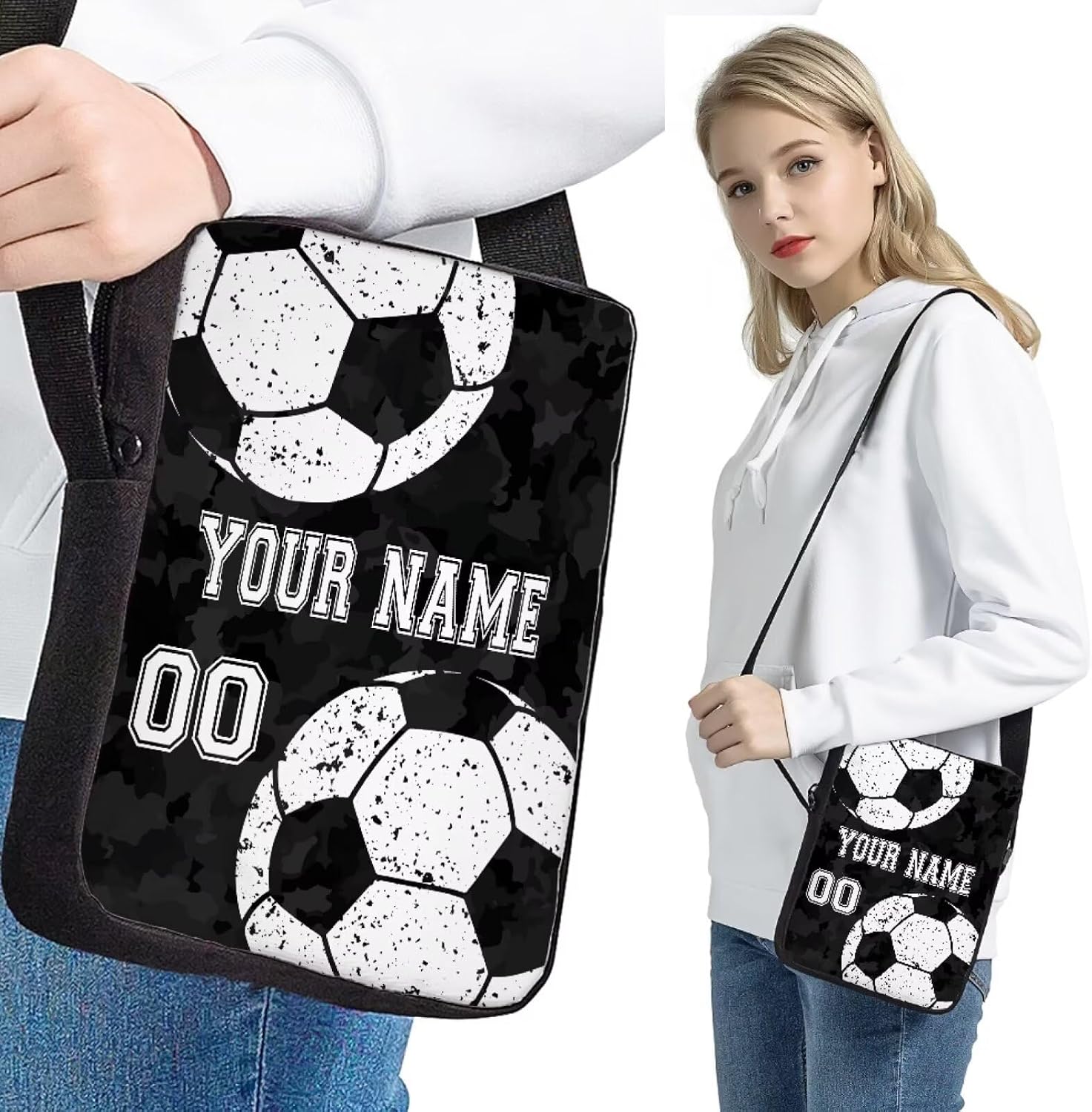Howilath Customized Your Name Balck Camo Soccer Ball Print Backpack Kids 4Pcs Backpack with Lunch Box and Pencil Case Boys Lightweight Book Bag